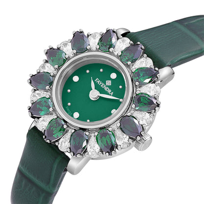 Stainless Steel 316 Watch Silver Color Green Leather Embedded With Emerald Zircon And White Zircon - GREEN MOP DIAL