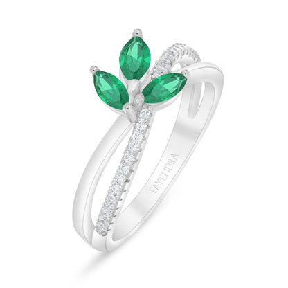 Sterling Silver 925 Ring Rhodium Plated Embedded With Emerald Zircon And White Zircon
