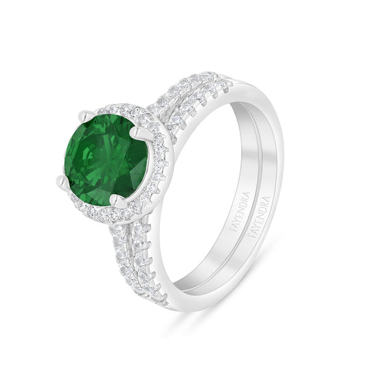 Sterling Silver 925 Ring (Twins) Rhodium Plated Embedded With Emerald Zircon And White Zircon