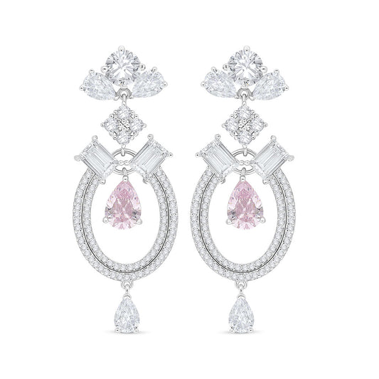 Sterling Silver 925 Earring Rhodium Plated Embedded With Pink Zircon And White Zircon