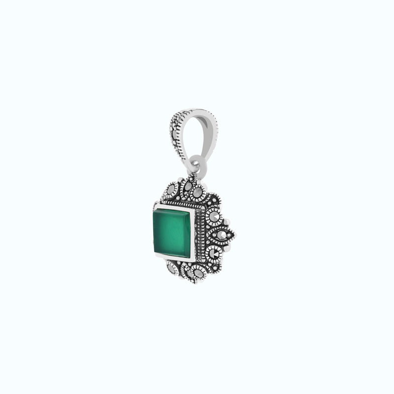 Sterling Silver 925 Pendant Embedded With Natural Green Agate And Marcasite Stones
