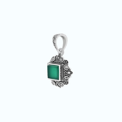 Sterling Silver 925 Pendant Embedded With Natural Green Agate And Marcasite Stones