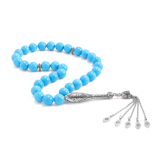 سبحة 33 احجار فيروز الهاولايت بيلية 10 مل طقم ستانلس ستيل عيار 316L مطلى فضي واسود