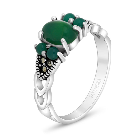 Sterling Silver 925 Ring Embedded With Natural Green Agate And Marcasite Stones