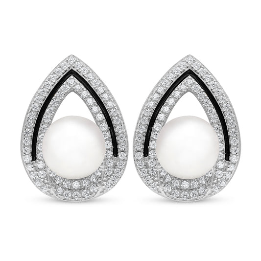 Sterling Silver 925 Earring Rhodium Plated Embedded With Natural White Pearl And White Zircon