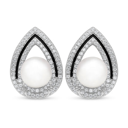 Sterling Silver 925 Earring Rhodium Plated Embedded With Natural White Pearl And White Zircon