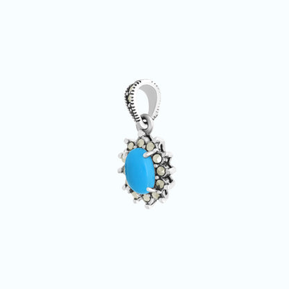 Sterling Silver 925 Pendant Embedded With Natural Processed Turquoise And Marcasite Stones