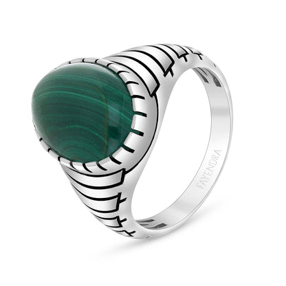 Sterling Silver 925 Ring Rhodium And Black Plated Embedded With Cabochon Malachite For Men
