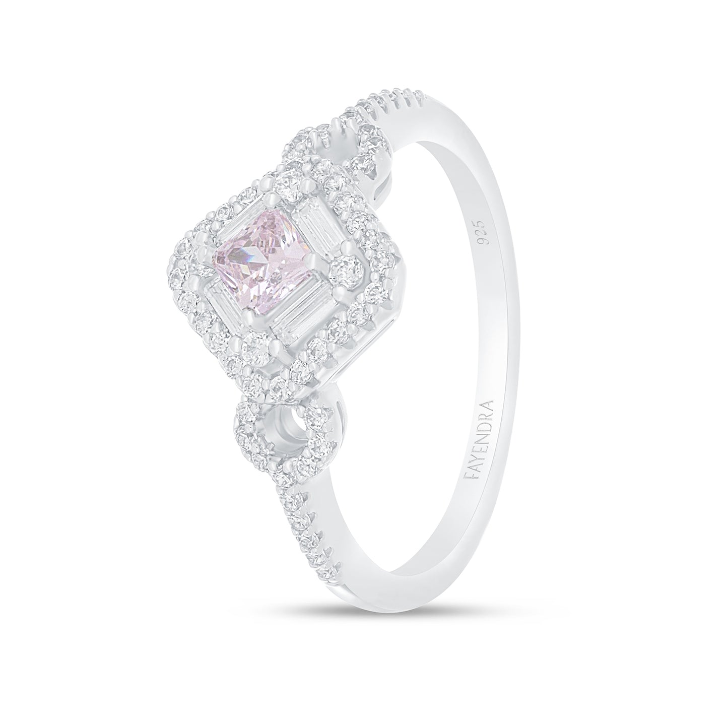 Sterling Silver 925 Ring Rhodium Plated Embedded With Pink Zircon And White Zircon