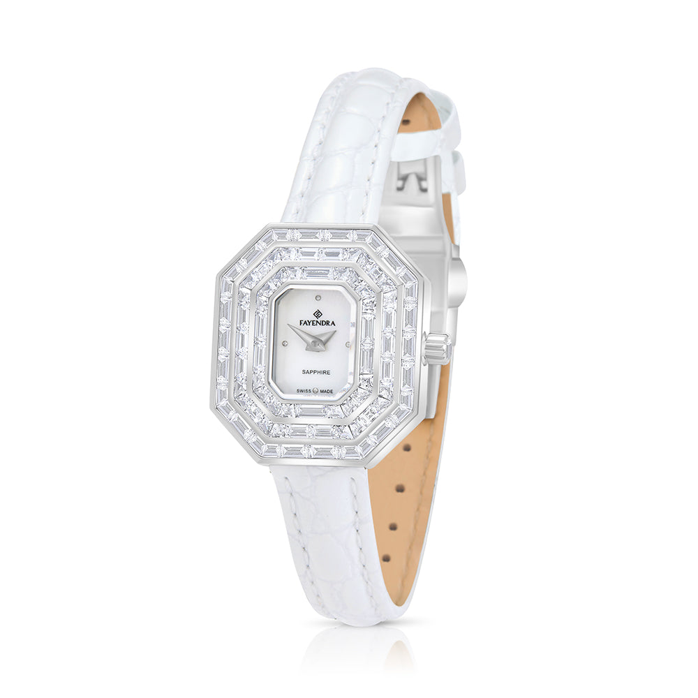 Stainless Steel 316L Watch Silver Color White Leather Embedded With White Zircon - WHITE MOP DIAL