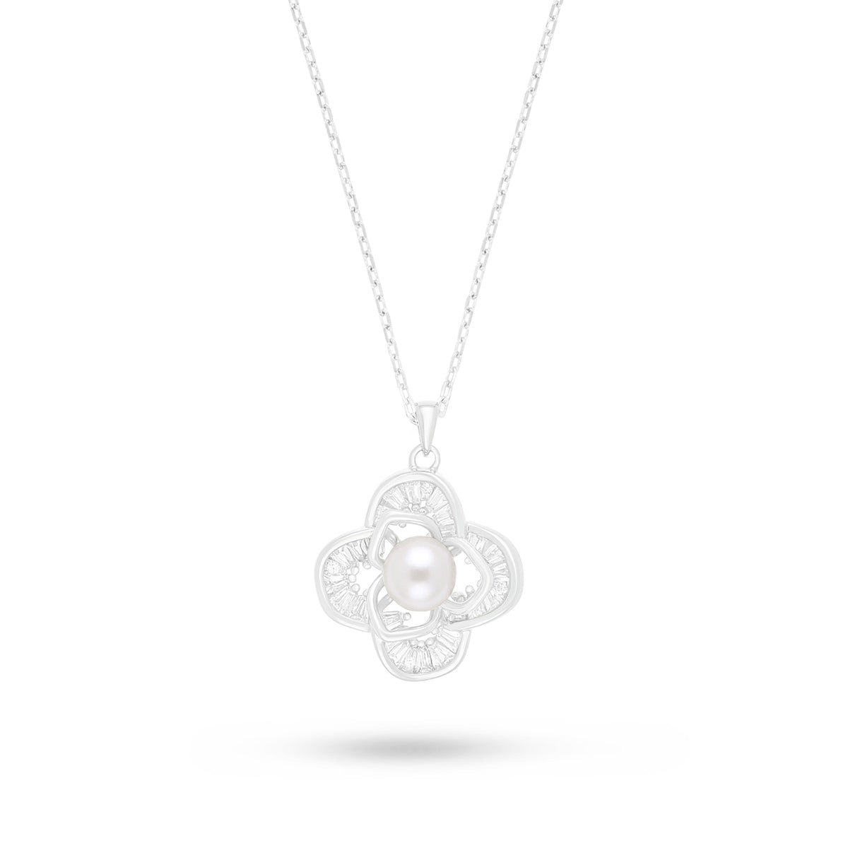 Sterling Silver 925 Necklace Rhodium Plated Embedded With Natural White Pearl And White Zircon