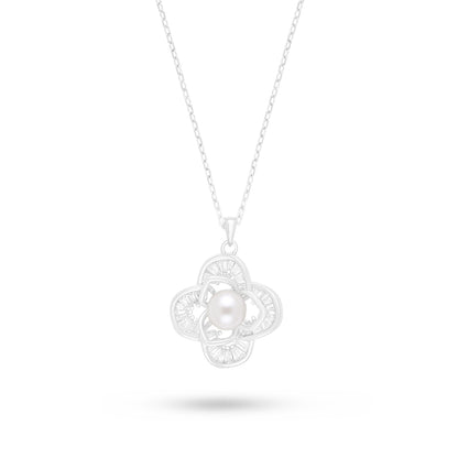Sterling Silver 925 Necklace Rhodium Plated Embedded With Natural White Pearl And White Zircon