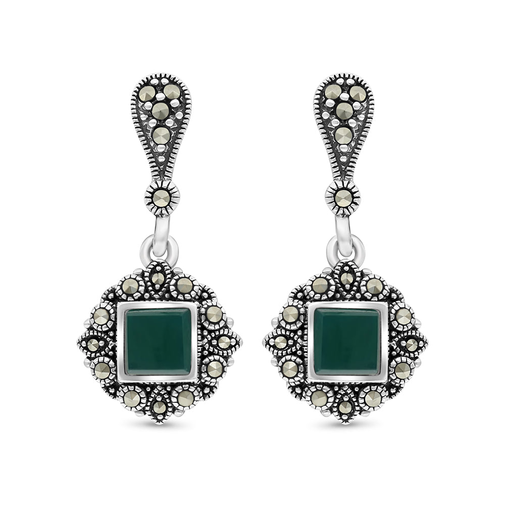 Sterling Silver 925 Earring Embedded With Natural Green Agate And Marcasite Stones