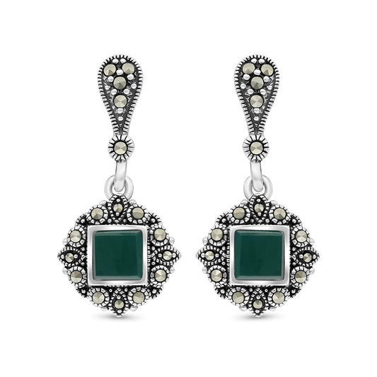 Sterling Silver 925 Earring Embedded With Natural Green Agate And Marcasite Stones