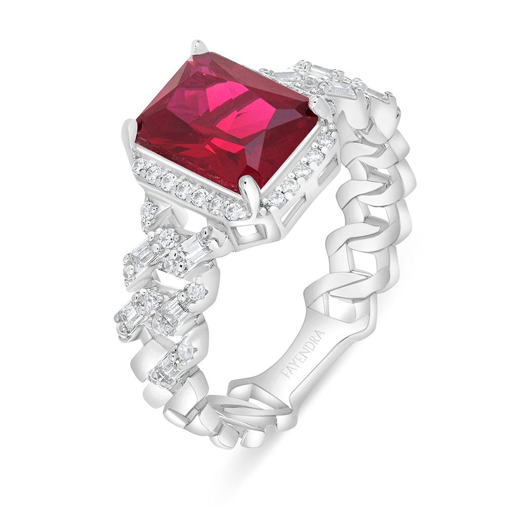 خاتم من الفضة الخالصة عيار 925 مطلي روديوم مرصع ياقوت كروندوم و فص ابيض