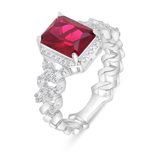 Sterling Silver 925 Ring Rhodium Plated Embedded With Ruby Corundum And White Zircon