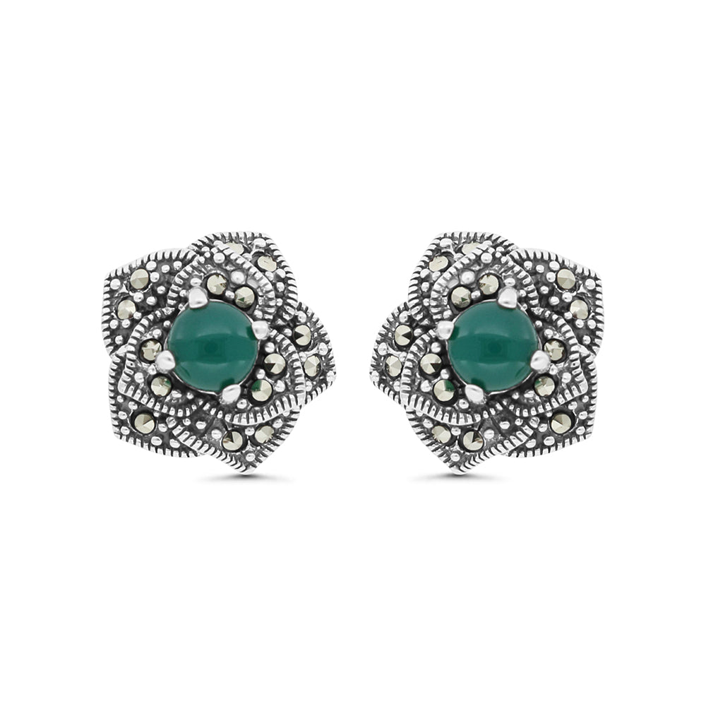 Sterling Silver 925 Earring Embedded With Natural Green Agate And Marcasite Stones