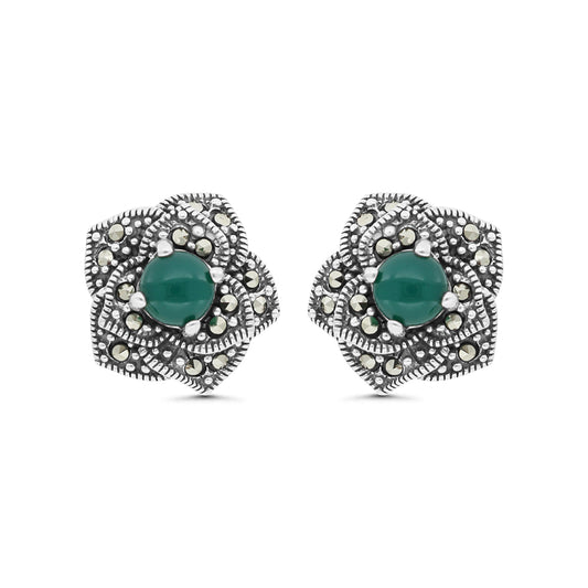 Sterling Silver 925 Earring Embedded With Natural Green Agate And Marcasite Stones