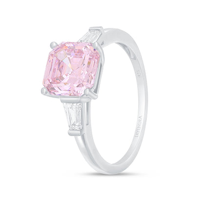 Sterling Silver 925 Ring Rhodium Plated Embedded With Pink Zircon And White Zircon