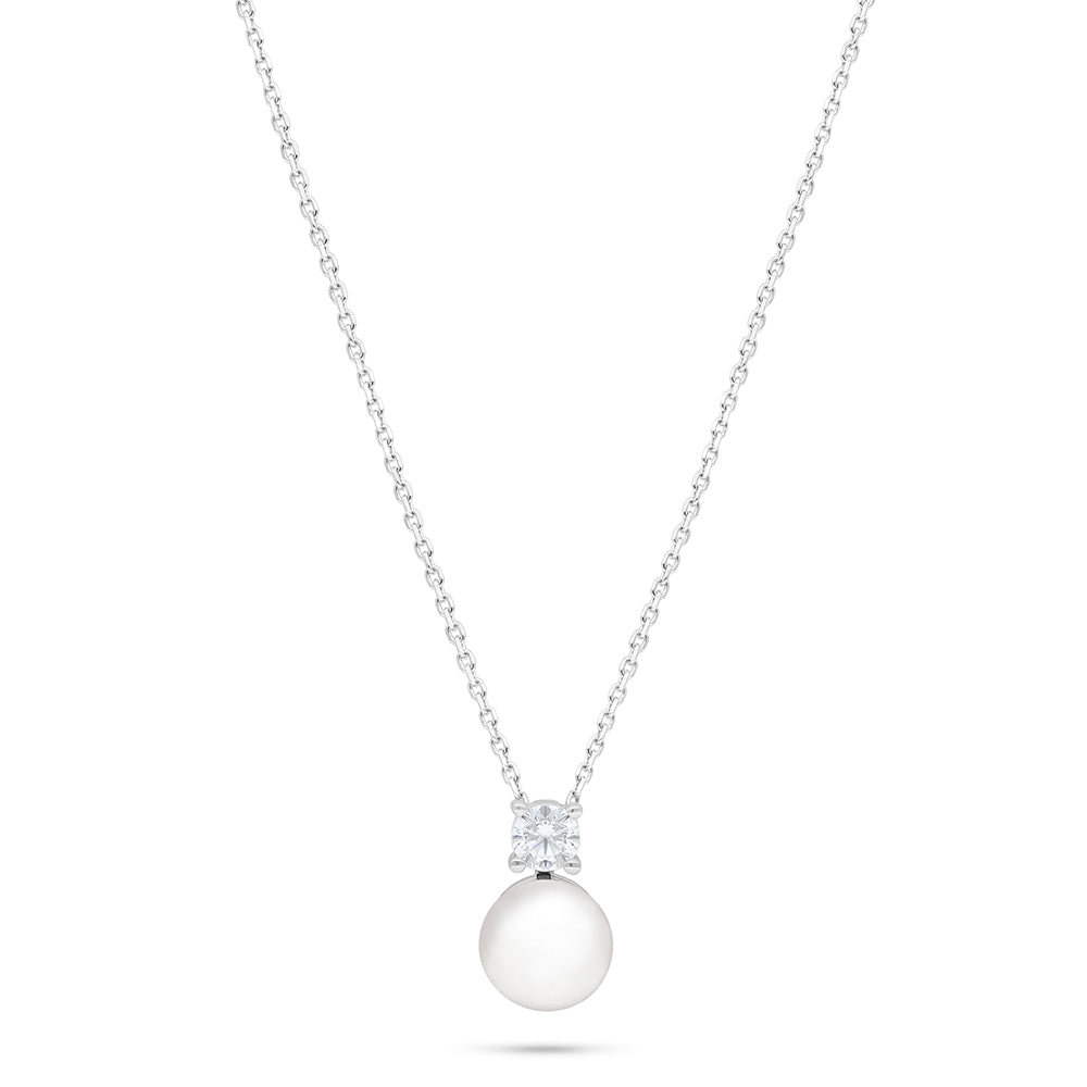 Sterling Silver 925 Necklace Rhodium Plated Embedded With Natural White Pearl And White Zircon