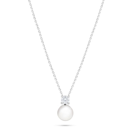 Sterling Silver 925 Necklace Rhodium Plated Embedded With Natural White Pearl And White Zircon