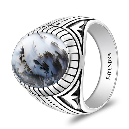 Sterling Silver 925 Ring Rhodium And Black Plated Embedded With Natural Agate Cabochon For Men