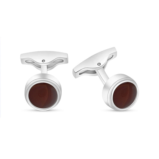 Stainless Steel Cufflink 316L Silver Color Embedded With Red Agate Shiny Steel