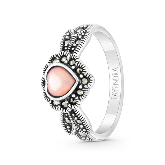 Sterling Silver 925 Ring Embedded With Natural Pink Shell And Marcasite Stones