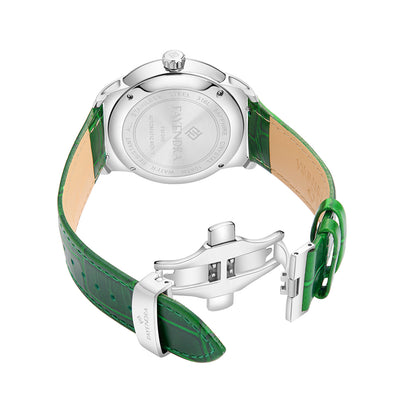 Stainless Steel 316L Watch Silver ColorGreen Leather For Men - GREEN MOP DIAL