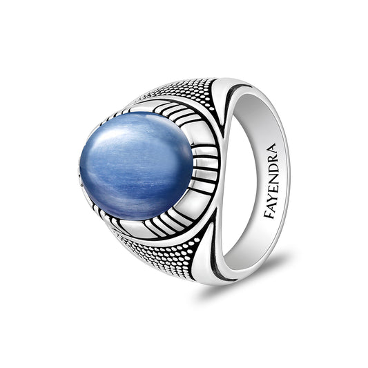 Sterling Silver 925 Ring Rhodium And Black Plated Embedded With Cabochon Natural Kyanite For Men