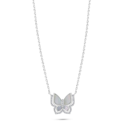 Sterling Silver 925 Necklace Rhodium Plated Embedded With White Shell And White Zircon