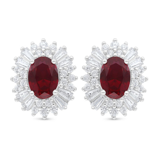 Sterling Silver 925 Earring Rhodium Plated Embedded With Ruby Corundum And White Zircon