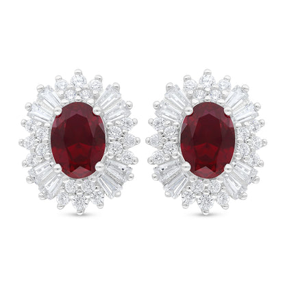 Sterling Silver 925 Earring Rhodium Plated Embedded With Ruby Corundum And White Zircon