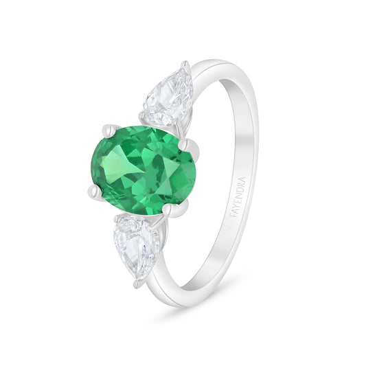 Sterling Silver 925 Ring Rhodium Plated Embedded With Emerald Zircon And White Zircon
