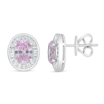 Sterling Silver 925 Earring Rhodium Plated Embedded With Pink Zircon And White Zircon