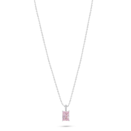 Sterling Silver 925 Necklace Rhodium Plated Embedded With Pink Zircon And White Zircon