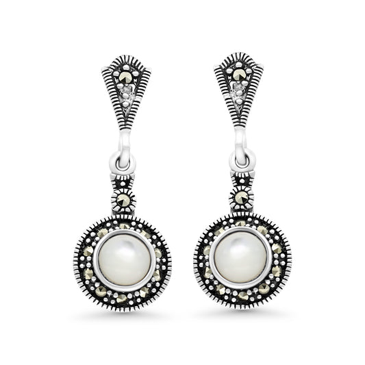 Sterling Silver 925 Earring Embedded With Natural White Shell And Marcasite Stones