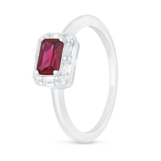 Sterling Silver 925 Ring Rhodium Plated Embedded With Ruby Zircon And White Zircon