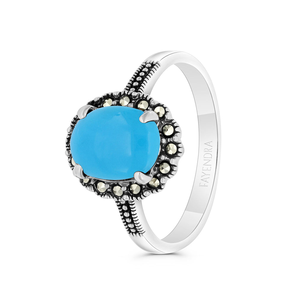 Sterling Silver 925 Ring Embedded With Natural Processed Turquoise And Marcasite Stones