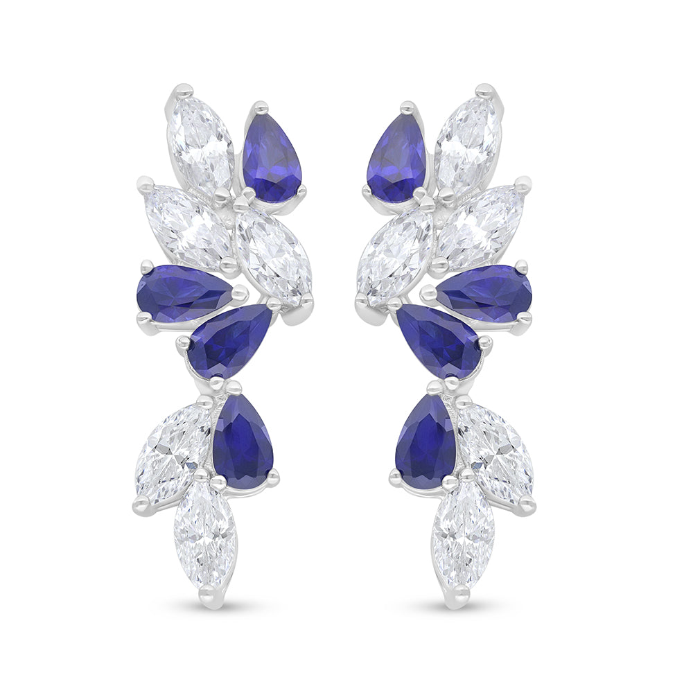 Sterling Silver 925 Earring Rhodium Plated Embedded With Sapphire Corundum And White Zircon
