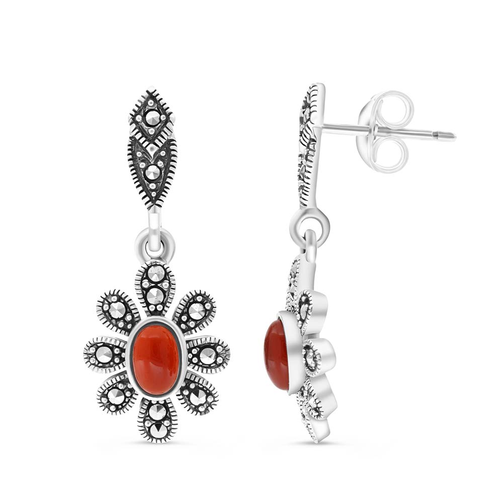 Sterling Silver 925 Earring Embedded With Natural Aqiq And Marcasite Stones