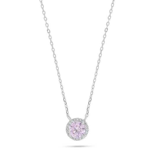 Sterling Silver 925 Necklace Rhodium Plated Embedded With Pink Zircon And White Zircon