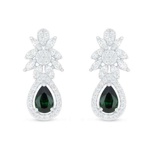 Sterling Silver 925 Earring Rhodium Plated Embedded With Emerald Zircon And White Zircon