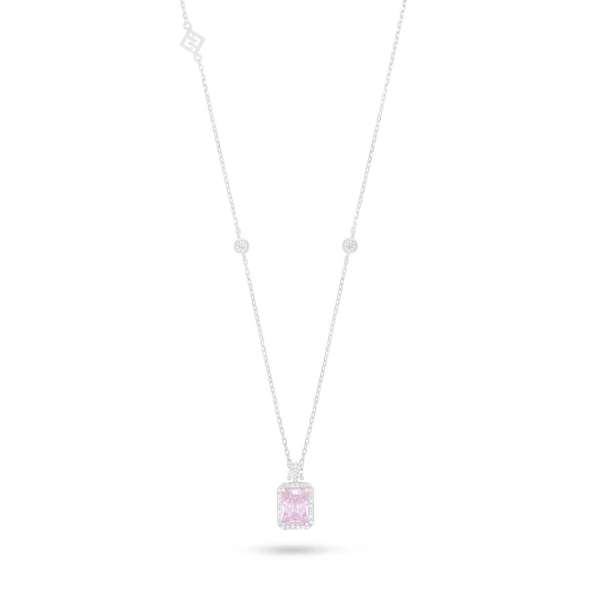 Sterling Silver 925 Necklace Rhodium Plated Embedded With Pink Zircon And White Zircon