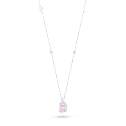 Sterling Silver 925 Necklace Rhodium Plated Embedded With Pink Zircon And White Zircon