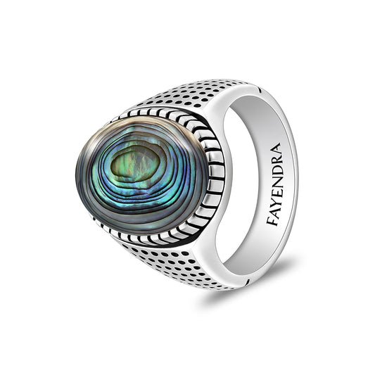 Sterling Silver 925 Ring Rhodium And Black Plated Embedded With Cabochon Paua Shell For Men