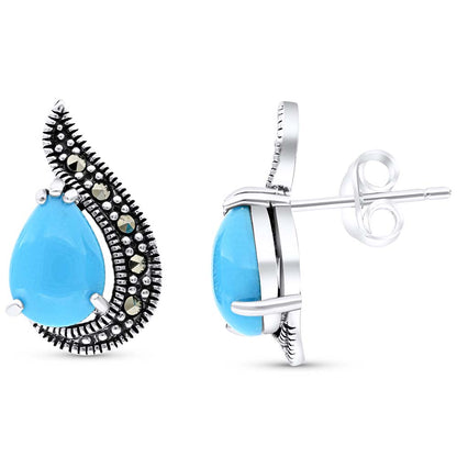 Sterling Silver 925 Earring Embedded With Natural Processed Turquoise And Marcasite Stones