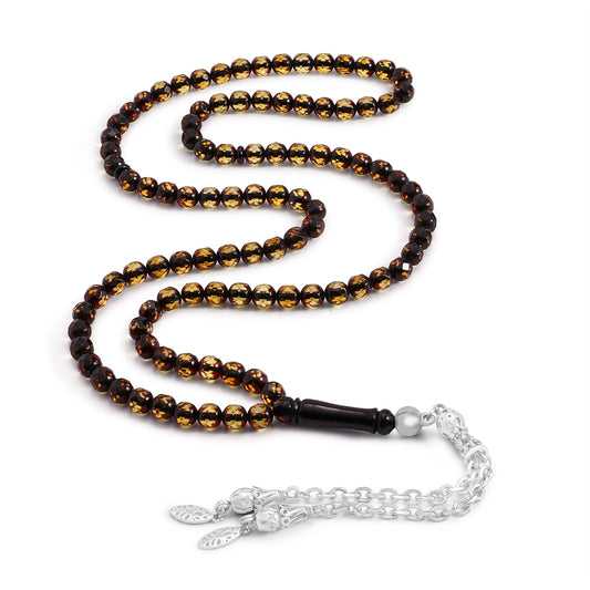 Rosary 100 Embedded With Natural Green Amber Round Faceted Beads 6 mm And Stainless Steel 316L (Silver & Black Plated)
