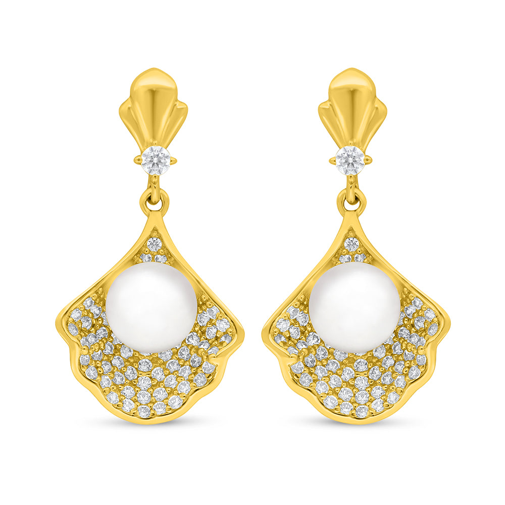 Sterling Silver 925 Earring Golden Plated Embedded With Natural White Pearl And White Zircon
