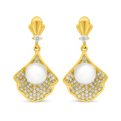 Sterling Silver 925 Earring Golden Plated Embedded With Natural White Pearl And White Zircon